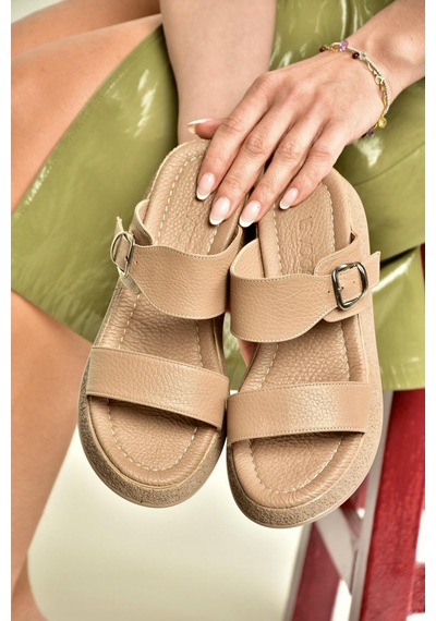 Fox Shoes U555050403 Vizon Hakiki Deri Kalın Tabanlı Kadın Terlik Vizon-hakiki Deri