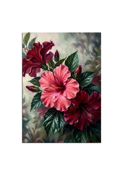 Pembe Hibiskus Üç Çiçek Ve Yapraklı Dekoratif Kanvas - Mdf Ahşap Tablo Çok Renkli