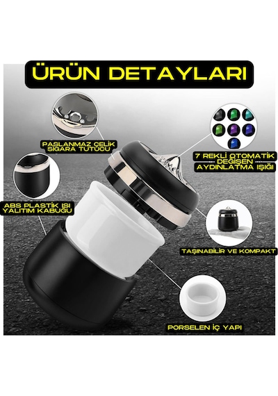 Araç İçi Işıklı Porselen Küllük Silver Krom Renk Kapaklı 7 Renk Işıklı Yanmaz Koku Geçirmez