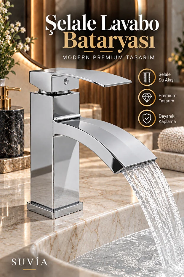 Lavabo Bataryası Şelale Akışlı Krom Banyo Lavabo Musluğu Modern Armatür
