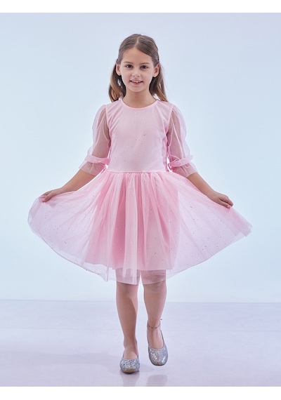 Ahengim Kız Çocuk Yıldız Baskılı Trend Tül Elbise Ak2246 Pembe