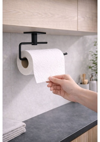 Siyah Rulo Havluluk Peçetelik Yapışkanlı Pratik Banyo Mutfak Askısı Kağıt Rulo Havluluk Siyah Metal Diğer