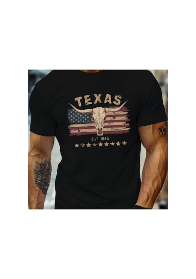 Caddemia Yaz Moda Rahat Gevşek Texas Longhorn İnek Kafatası Desen Baskılı Yuvarla Siyah 2XL