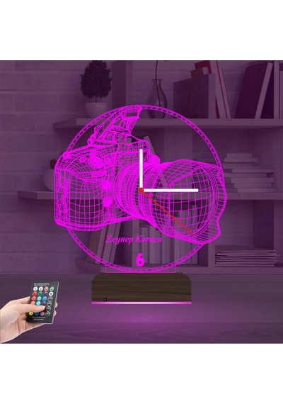 Luvivia Fotoğraf Makinesi Fotoğrafçı Hediye Kişiye Özel Saatli 3d Lamba - Masa Gece Lambası Şeffaf