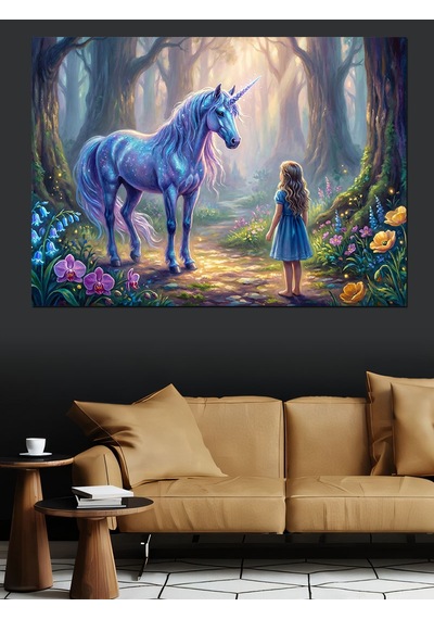 Ahşap Tablo Büyülü Ormanda Unicorn Ve Kız İnsan Figürlü Tablolar