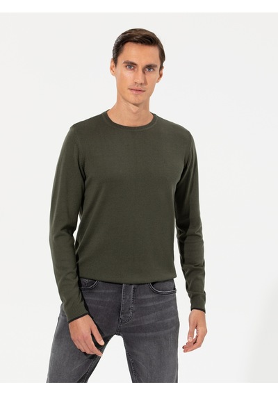 Cacharel Haki Slim Fit Bisiklet Yaka Basic Triko Kazak Yesıl