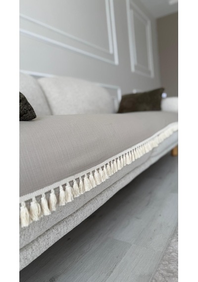 Diletto Bohem Püsküllü Oturma Yerini Kapatan Kayma Yapmaz Koltuk Örtüsü Bej 90 X 200 Bej