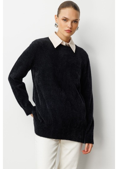 Mizalle Yuvarlak Yaka Oversize Yumuşak Dokulu Siyah Triko Kazak Siyah
