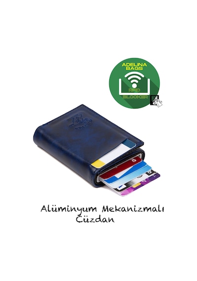 Adelina Bags Adelina Unisex Lacivert Alüminyum Mekanizmalı Kızaklı Kartlık Cüz Lacivert