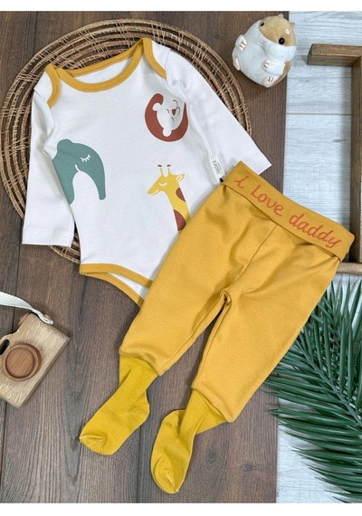 Tiwitibaby Safari Baskılı Çoraplı Alttan Çıtçıtlı Erkek Bebek Takım-zıbın Takım Sari