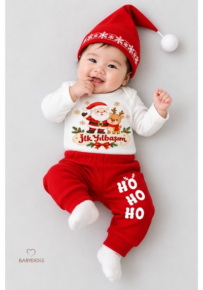 Babyden's Bebek Yılbaşı Takımı İlk Yılbaşım Baskılı Noel Kıyafeti %100 Pamuk 3'lü Body Pantolon Noel Şapkası Yılbaşı Kostüm Kırmızı