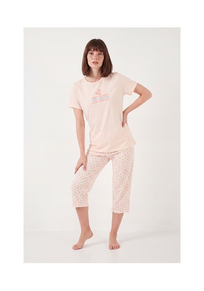 Lela Desenli Pamuklu Bisiklet Yaka Kaprili Pijama Takımı Bayan Pijama Takımı 65790787 Turuncu