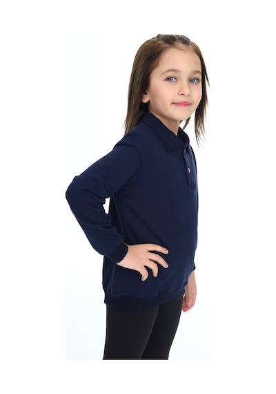 Kız Çocuk Regular Fit Polo Yaka Düşük Omuz Nakış Baskılı Sweatshirt - 2 İplik Lacivert