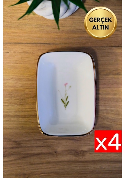 Tabak Evi Porselen Natura Çuha Altın Yaldızlı Dikdörtgen Kayık Tabak 14x9,8cm 4 Lü Çok Renkli