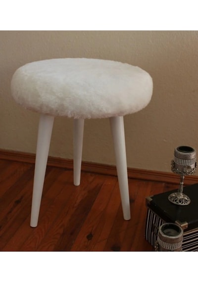 Gürgen Ahşap Retro Ayak Dekoratif Beyaz Peluş Puf Tabure Bench Koltuk Sandalye Beyaz Beyaz Ayak