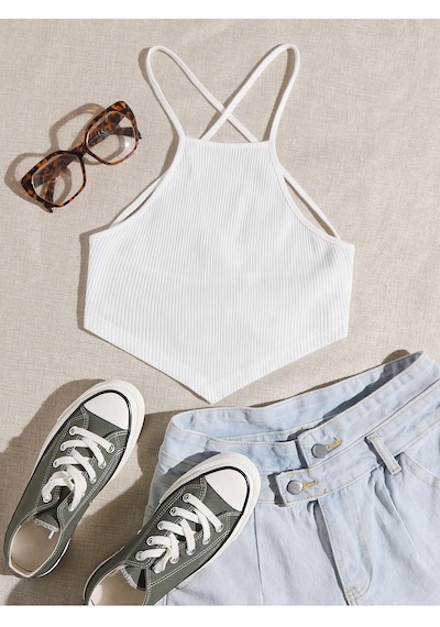 Liona Halter Yaka Sırtı Açık Çapraz Askılı Bağcıklı Beyaz Renk Fitilli Crop Top Bluz
