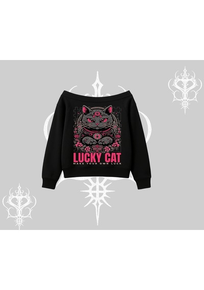Lucky Cat Japon Tarzı Kedi Baskılı Kayık Yaka Sweatshirt Siyah
