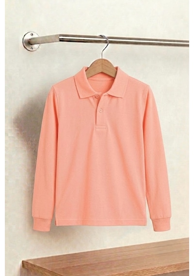 Nacar Store Unisex Çocuk Uzun Kollu Polo Yaka Lakost Okul Tişörtü Somon