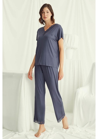 Monamise 18484 Kadın V Yaka Kısa Kollu Pijama Takımı-lacivert Lacivert