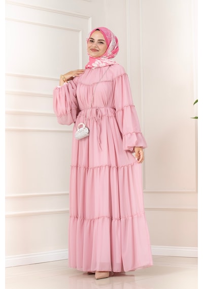 Sevitli Robalı Manolya Şifon Elbise-pembe-5786