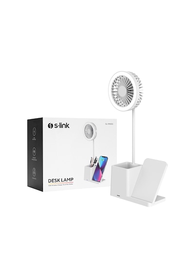 S-link Sl-m9055 Beyaz Type-c 10w Kablosuz Şarj Cihazı Fanlı Kalemlik Masa Lambası Hediyelik Usb Masa Fanı
