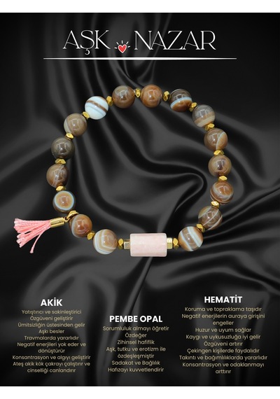 Sertifikalı Akik, Pembe Opal Ve Hematit Doğal Taşlı Kadın Bileklik - Pembe Püskül Kahverengi