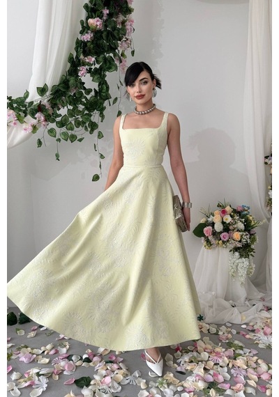 Nils Butik Askılı Kare Yaka Jakar Desenli Seraphine Midi Elbise Açık Sarı