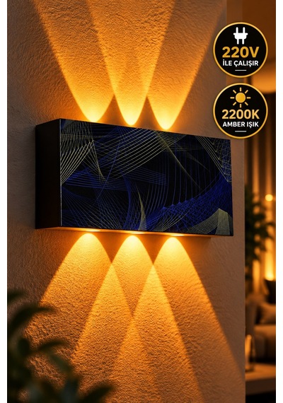 Siyah Mavi Altın Desenli 12w 2200k Amber Işıklı 3 Gözlü Yukarı Aşağı Dekoratif Duvar Apliği 16 Cm Amber Işık