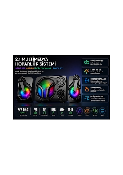Sp60 Speaker 2.1 Kanal Oyuncu Hoparlörü Rgb Led Işıklı Hafıza Kartı Ve Usb Girişli Bluetooth Lu Bilgisayar Hoparlörü 3,5mm Jack Girişli 2+1 Gaming Speaker