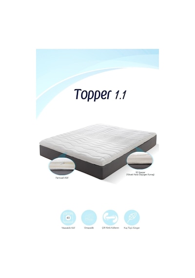 Topper 1.1 - Konfor Arttırıcı Yatak Pedi - Kuş Tüyü Soft Sünger - Yıkanabilir Fermuarlı Kılıflı Beyaz