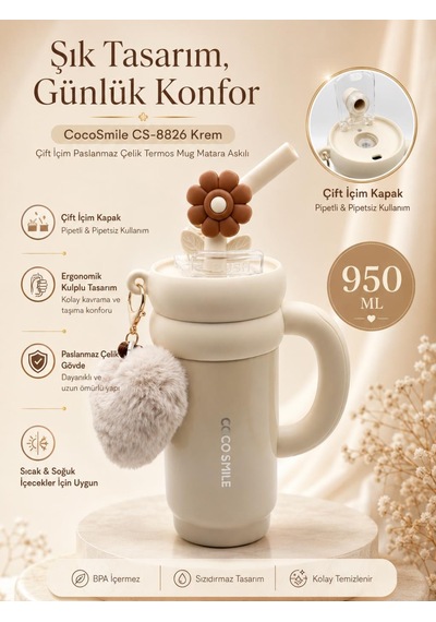 Cocosmile Cs-8826 Krem 950 Ml Çift İçim Paslanmaz Çelik Termos Mug