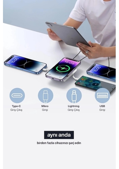 Magsafe Powerbank 10000 Mah Standlı Hızlı Taşınabilir Iphone 11 12 13 14 15 16 17 Samsung Uyumlu Mavi