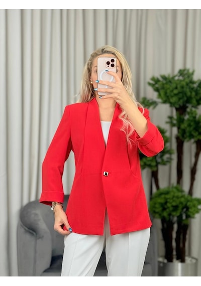 Ekol Kadın Tek Düğmeli Mercan Renk Blazer Ceket 04128 Mercan