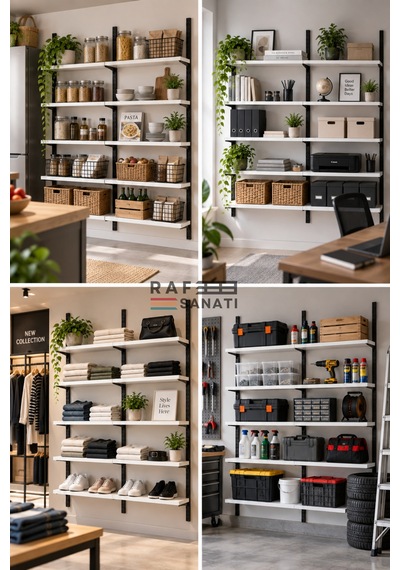 2 Modül 90x30 Cm 10 Raflı Geniş Mağaza Duvar Rafı Konik Dikme Sistem Beyaz Suntalam