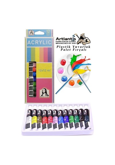 Akrilik Boya Monalisa 12 Renk 12 Ml Tüp 1 Paket 12 Li Akrilik Boya Seti Ve Yuvarlak Resim Paleti Fırçalı 1 Paket 10