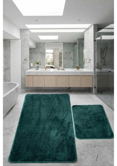 Relax Petrol Yeşili 80x150 + 50x80 Cm Büyük Boy 2'li Banyo Halısı Paspası Seti Kaymaz Klozet Takımı Yeşil