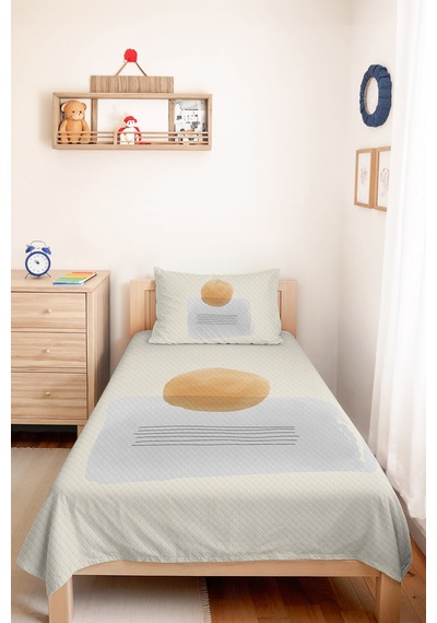 Minimal Geometrik Genç Odası Tek Kişilik Pike Takımı - Bej Gri Modern 160x220 Cm Yatak Örtüsü Kremamsı Akşam Havası