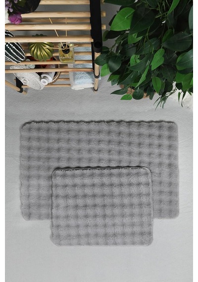 Modern Bubble Yıkanabilir Kaymaz Peluş Banyo Paspası Halısı 2'li Klozet Takımı 50x80-50x40cm Gri Çok Renkli