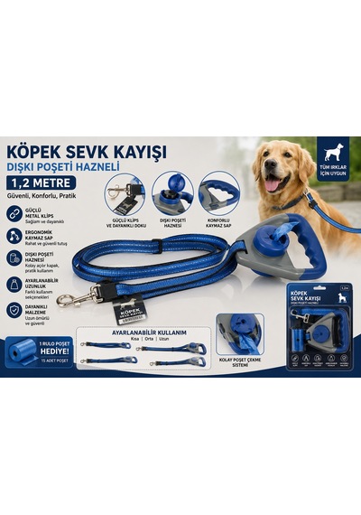 Köpek Sevk Kayışı Dışkı Poşeti Hazneli 1,2 Metre Ayarlanabilir Reflektörlü Kaymaz Saplı - Mavi Çok Renkli