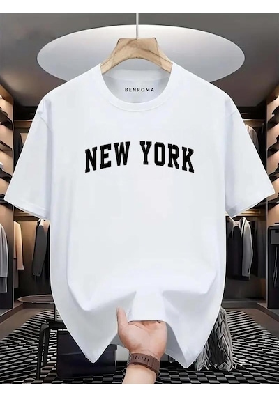 New York Beyaz Baskılı Oversize Tişört BEYAZ
