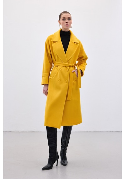 Sateen Beli Bağlamalı Uzun Kaban - Sarı-136632 Sarı