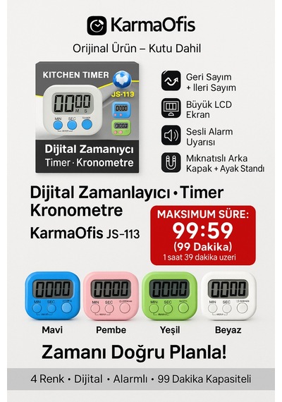 Dijital Kronometre Beyaz Mavi Tuşlu 99 Dakika Alarmlı Timer Büyük Lcd