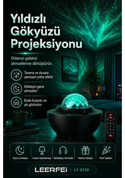 Parti Işığı Özellikli Galaksi Projeksiyon Lambası Kumandalı Gece Aydınlatması