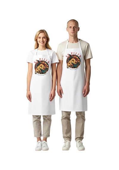 Unisex Mutfak Önlüğü Pizza Baskılı Dijital Desen Rahat Kesim Boyu Beyaz
