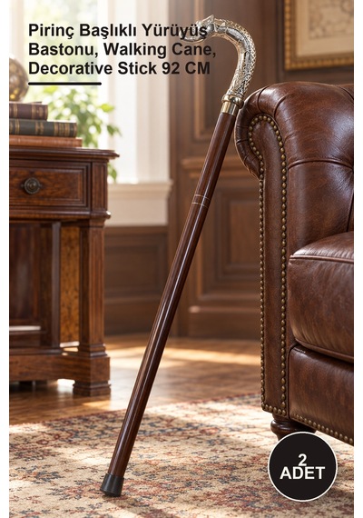 2 Adet Fil Başlıklı Pirinç Baston Pirinç Başlıklı Yürüyüş Bastonu, Walking Cane, Decorative Stick 92 Cm