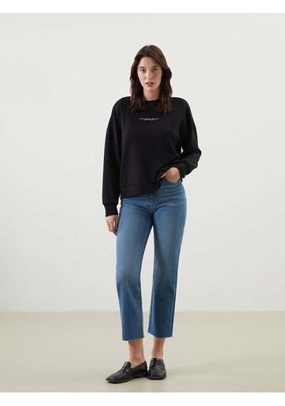 Lcw Vision Siyah Bisiklet Yaka Baskılı Oversize Kadın Sweatshirt