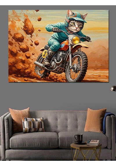 Ahşap Tablo Motosiklet Süren Kasklı Komik Kedi