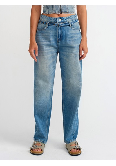 Dilvin İnce Kemerli Denim Balon Pantolon Mavi