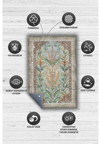Homshtag Art Deco Ada Çayı Bitki Temalı Soft Yeşil Renkli Etnik Desenli Dijital Baskılı Çiçekli Halı Çok Renkli