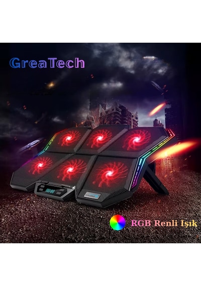 Rgb Işıklı 6 Fanlı 7 Kademeli Lcd Göstergeli Notebook Laptop Soğutucu Stand Coolcold 17 İnç Sessiz